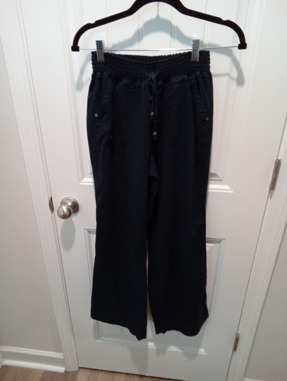 Sound Style Size L Linen Navy Blue Wide Leg Smocked Elaistic Waistband Pants